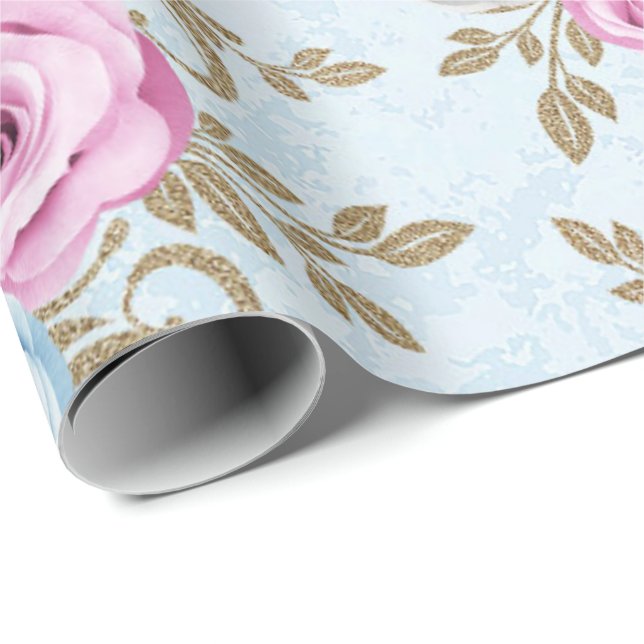 Pink Blue Roses Gold Damask Baroque Antonietta Wrapping Paper (Roll Corner)