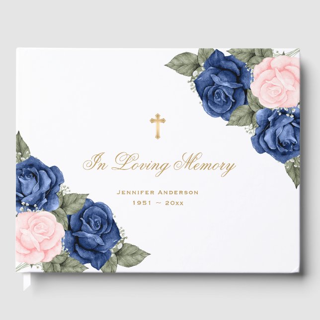 Pink Blue Roses Gold Floral Memorial Funeral Guest Book (Front)