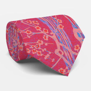 PINK BLUE SAKURA FLOWERS Antique Japanese Floral  Tie
