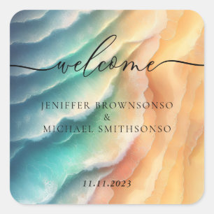 Pink Blue Sand Ocean Beach Signature Sun Square Sticker