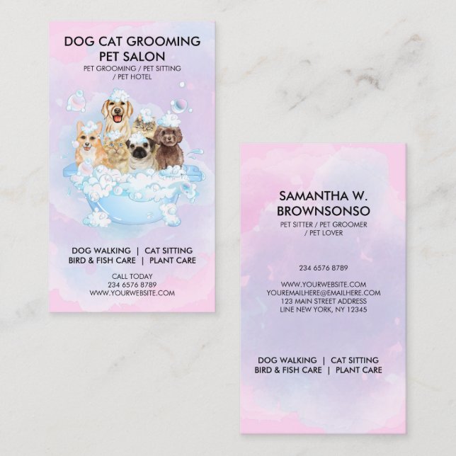 Pink Blue Shower Bubble Pet Groomer Cat Dog Business Card (Front/Back)