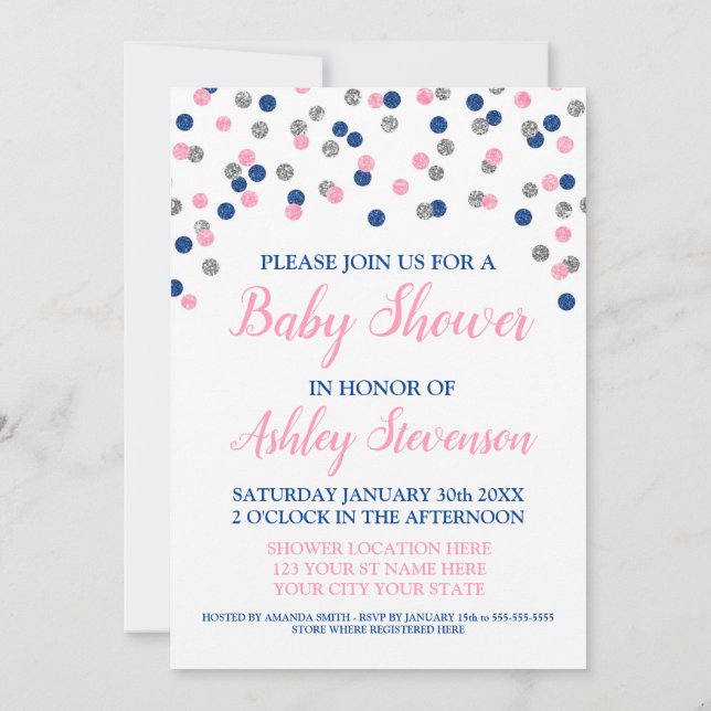 Pink Blue Silver Confetti Gender Neutral Shower Invitation (Back)