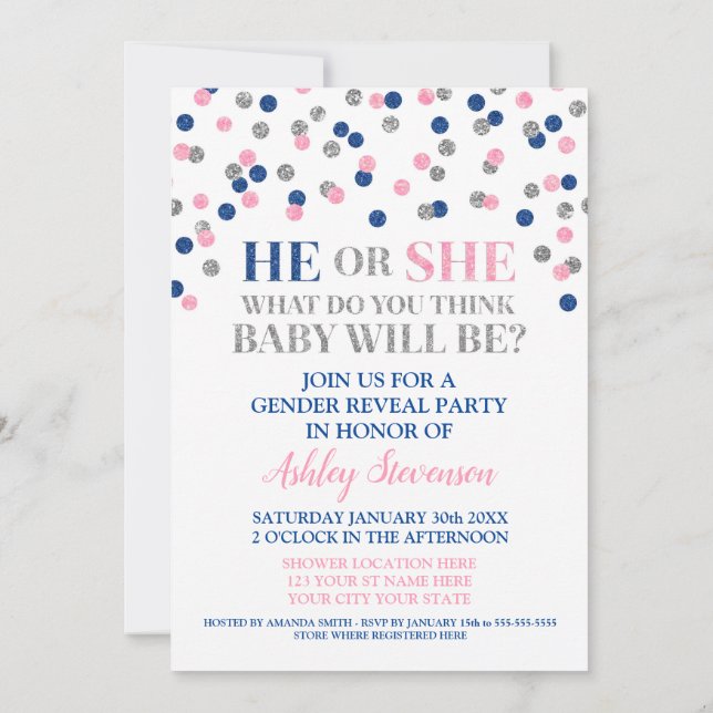 Pink Blue Silver Confetti Gender Reveal Shower Invitation (Back)