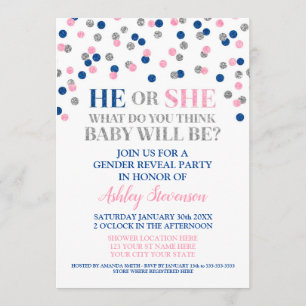 Pink Blue Silver Confetti Gender Reveal Shower Invitation