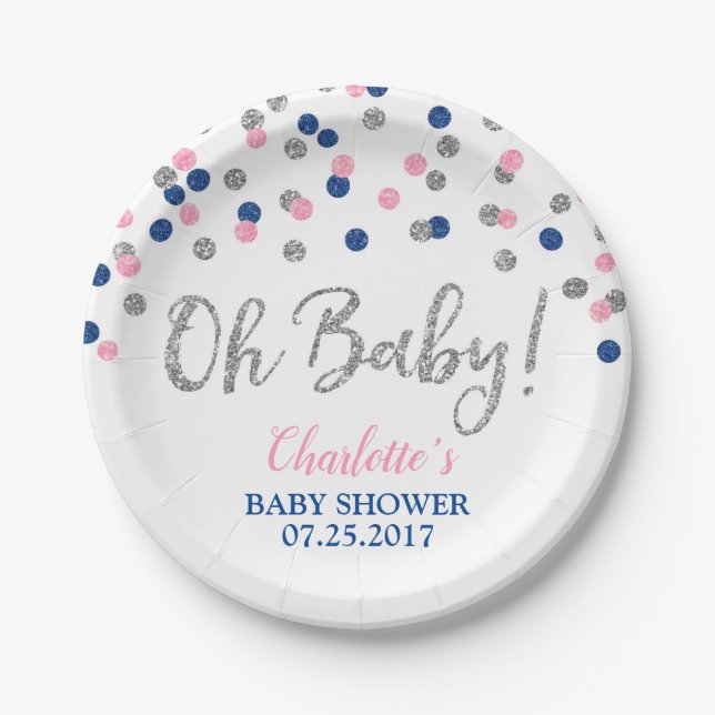 Pink Blue Silver Dots Gender Reveal Baby Shower Paper Plate (Front)