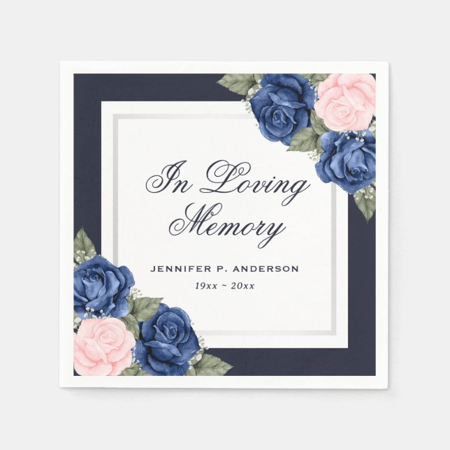 Pink Blue Silver Floral Funeral Memorial Napkin (Front)