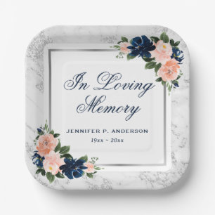 Pink Blue Silver Floral Memorial Funeral Paper Plate