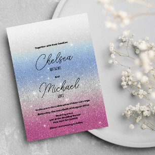 Pink blue silver ombre glam glitter wedding invitation