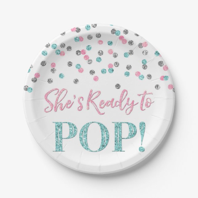 Pink Blue Silver She's Ready to Pop Baby Shower Paper Plate (Front)
