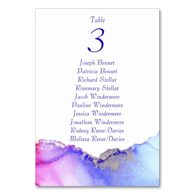 Pink Blue Silver Wedding Reception Table Number (Front)