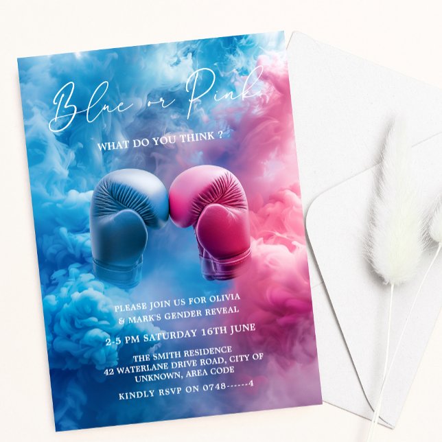 Pink Blue Smoke Boxing Glove Sport Gender Reveal Invitation (Creator Uploaded)