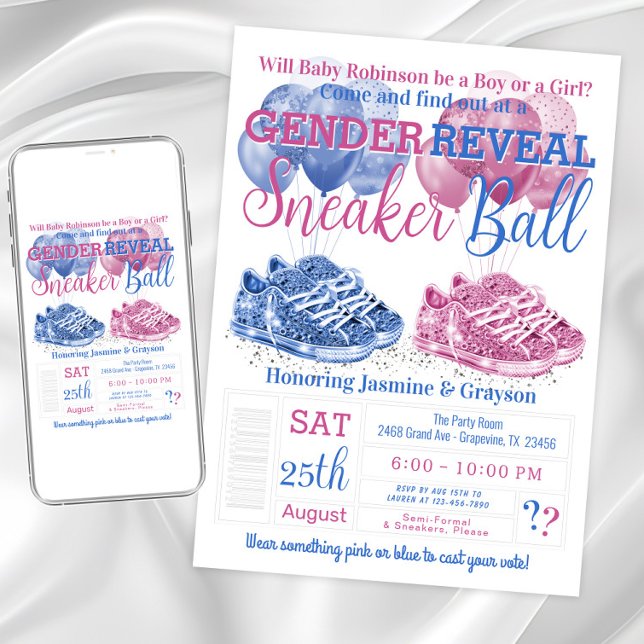 Pink Blue Sneaker Ball Gender Reveal Baby Shower Invitation (Sneaker ball gender reveal invitation with pink and blue sneakers and balloons. )