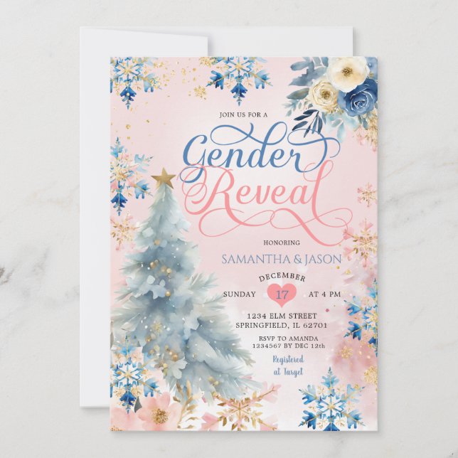 Pink Blue Snowflake Christmas Floral Gender Reveal Invitation (Front)