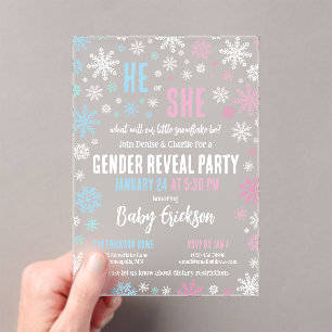 Pink Blue Snowflake He or She Winter Gender Reveal Acrylic Invitations