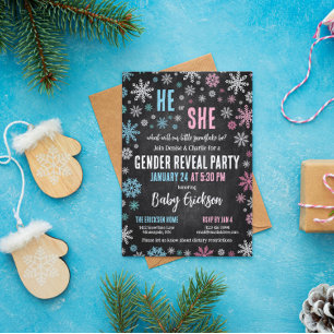 Pink Blue Snowflake He or She Winter Gender Reveal Invitation