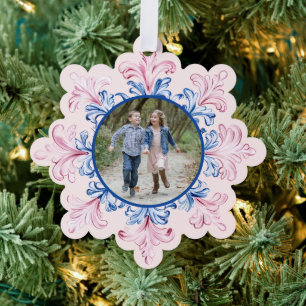 Pink & Blue Snowflake  Photo Tree Decoration Card
