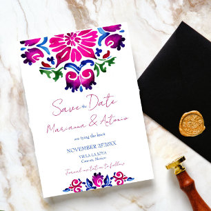 Pink blue Spanish Talavera tiles wedding Save The Date