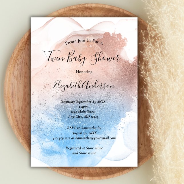 Pink Blue Splash Baby Boy Girl Twins Baby Shower Invitation (Pink Blue Twin Baby Shower Invitation)
