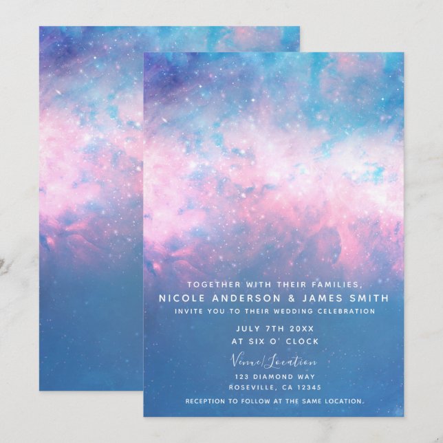 Pink & Blue Starry Cosmic Cotton Candy Sky Wedding Invitation (Front/Back)