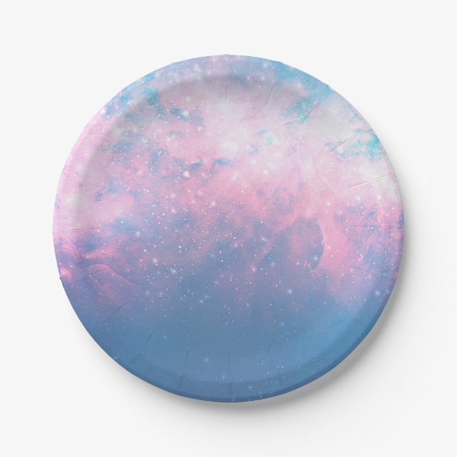 Pink & Blue Starry Cosmic Cotton Candy Sky Wedding Paper Plate (Front)