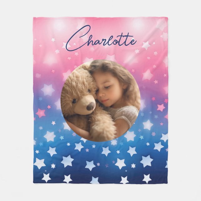 Pink Blue Stars Custom Photo and Name Fleece Blanket (Front)