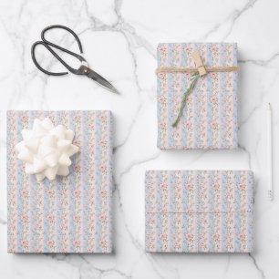 Pink Blue Stripe Floral Rose Bridal Shower Wedding Wrapping Paper Sheet