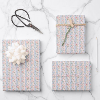 Pink Blue Stripe Floral Rose Bridal Shower Wedding Wrapping Paper Sheet