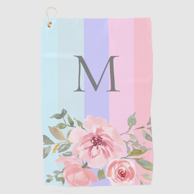 Pink Blue Stripe Monogram Floral  Golf Towel (Front)