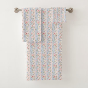 Pink Blue Striped Floral Roses Grandmillennial Bath Towel Set