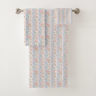Pink Blue Striped Floral Roses Grandmillennial  Bath Towel Set
