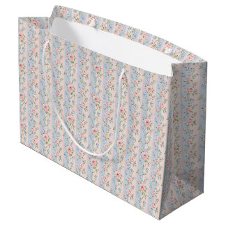 Pink Blue Striped Floral Roses Grandmillennial  Large Gift Bag