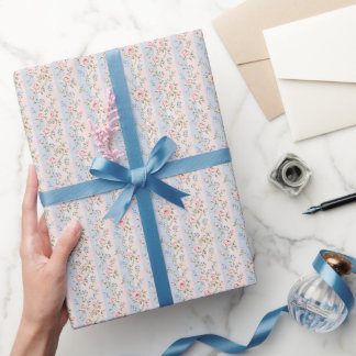 Pink Blue Striped Floral Roses Grandmillennial  Wrapping Paper