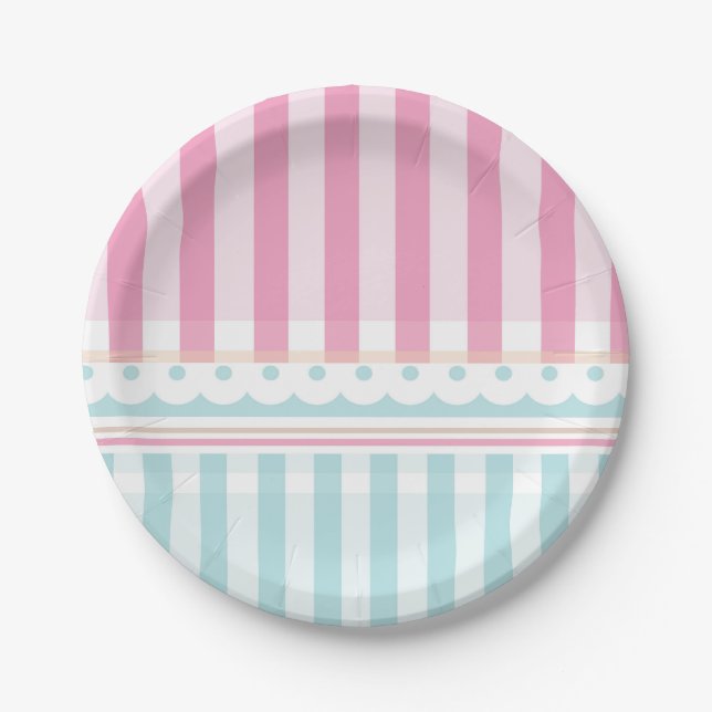 Pink Blue Stripes Bakery Baby Shower Paper Plate (Front)
