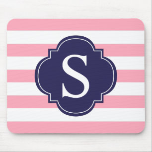 Pink Blue Stripes Monogram Mouse Mat