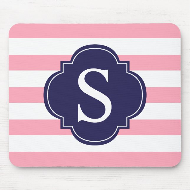 Pink Blue Stripes Monogram Mouse Mat (Front)
