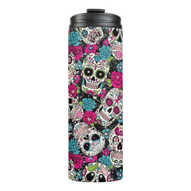 Pink & Blue Sugar Skull Floral Thermal Tumbler (Front)