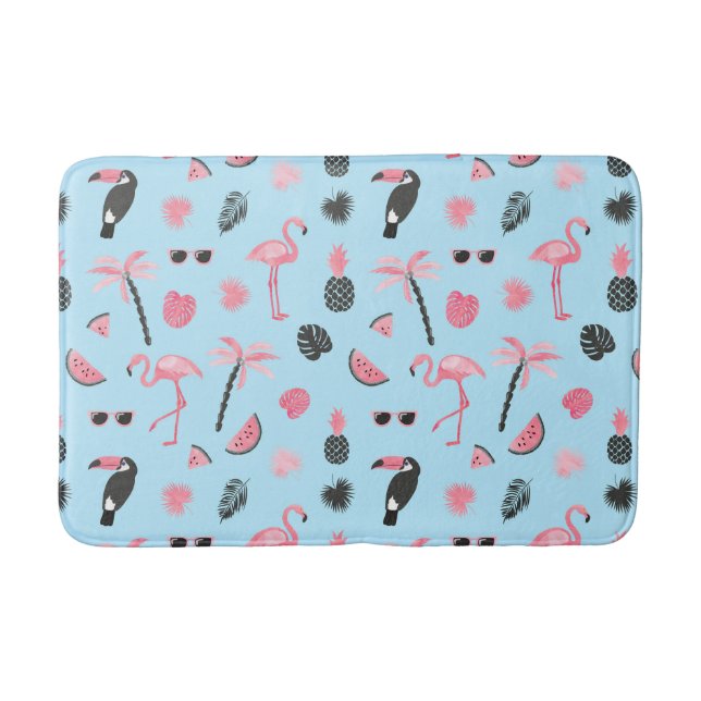 Pink & Blue Summer Tropical Pattern Bath Mat (Front)