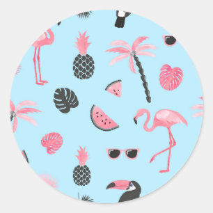 Pink & Blue Summer Tropical Pattern Classic Round Sticker