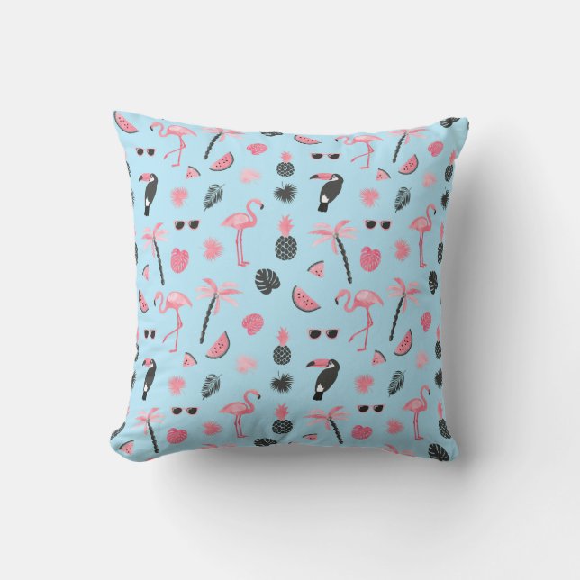 Pink & Blue Summer Tropical Pattern Cushion (Front)