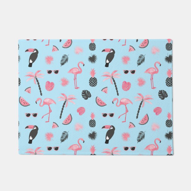 Pink & Blue Summer Tropical Pattern Doormat (Front)