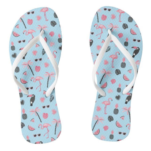 Pink & Blue Summer Tropical Pattern Flip Flops (Footbed)