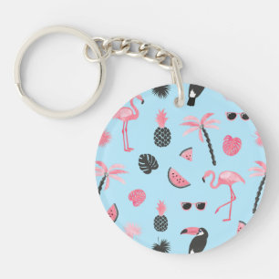 Pink & Blue Summer Tropical Pattern Key Ring
