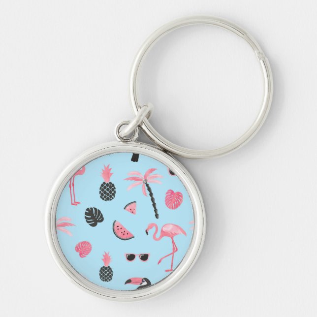 Pink & Blue Summer Tropical Pattern Key Ring (Front)