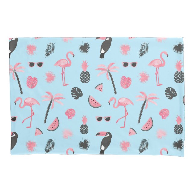 Pink & Blue Summer Tropical Pattern Pillowcase (Front-Left)