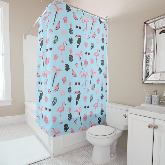 Pink & Blue Summer Tropical Pattern Shower Curtain (In Situ)