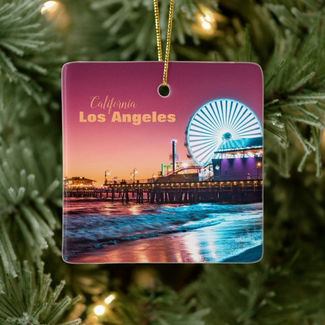 Pink & Blue Sunset Santa Monica Pier Los Angeles Ceramic Ornament (Tree)