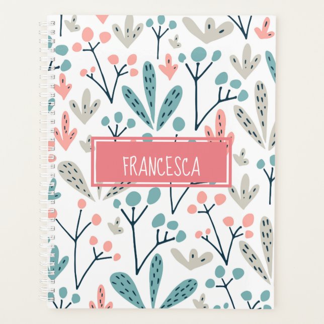 Pink Blue Tan Abstract Floral Pattern Monogram Planner (Front)