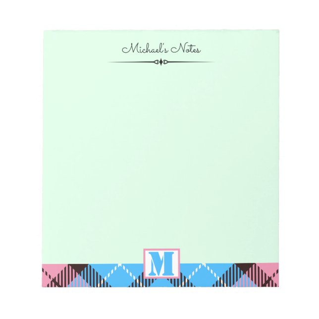 Pink Blue Tartan Personalised Script Monogram Name Notepad (Front)