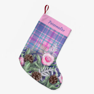 Pink Blue Tartan Roses Pinecones Personalized Small Christmas Stocking