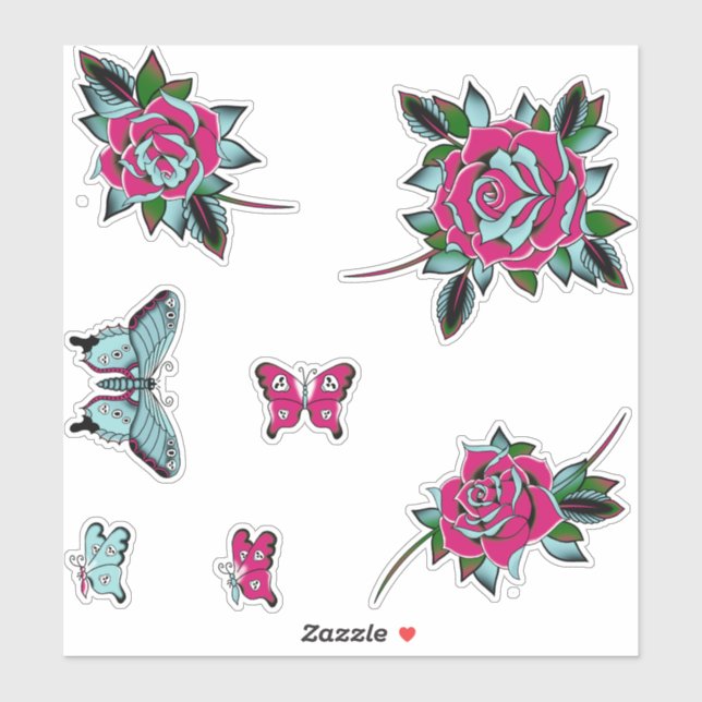 Pink Blue Tattoo Roses Butterflies (Sheet)